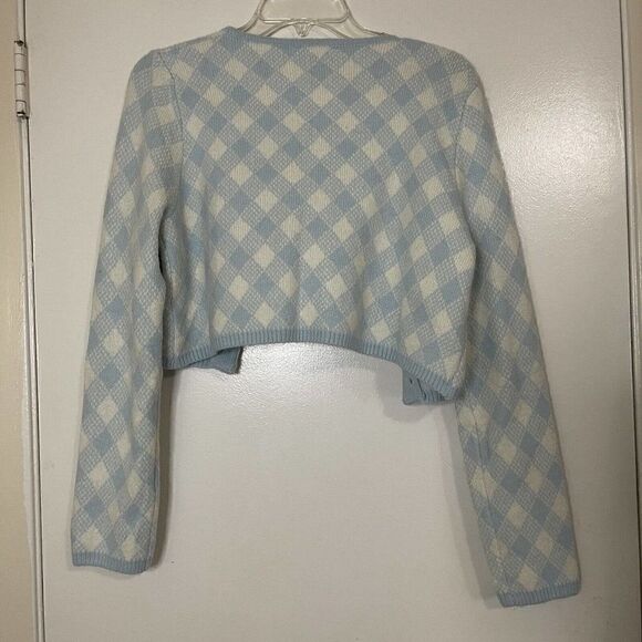 MABLE Blue Cropped Blue diamond knit Cardigan strapless 2pc set size Small - Picture 4 of 5